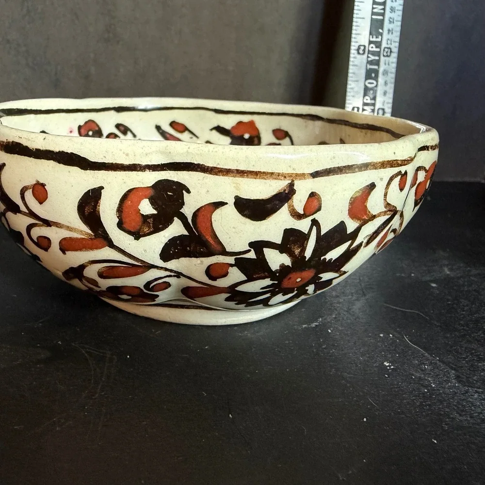 Hand Painted Floral Ceramic Bowl Scalloped Rim Rust Red Brown Artisan Pottery
